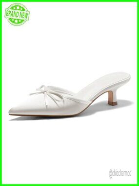 Kitten Heels Mules for Women Satin Bow Slip On Pointed Toe Dress Pumps